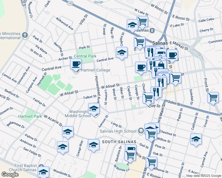 map of restaurants, bars, coffee shops, grocery stores, and more near 307 West Alisal Street in Salinas