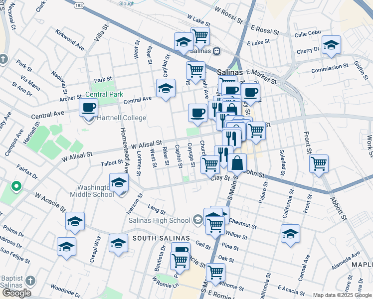 map of restaurants, bars, coffee shops, grocery stores, and more near 336 Cayuga Street in Salinas