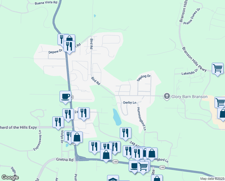 map of restaurants, bars, coffee shops, grocery stores, and more near 1698 Bird Road in Branson