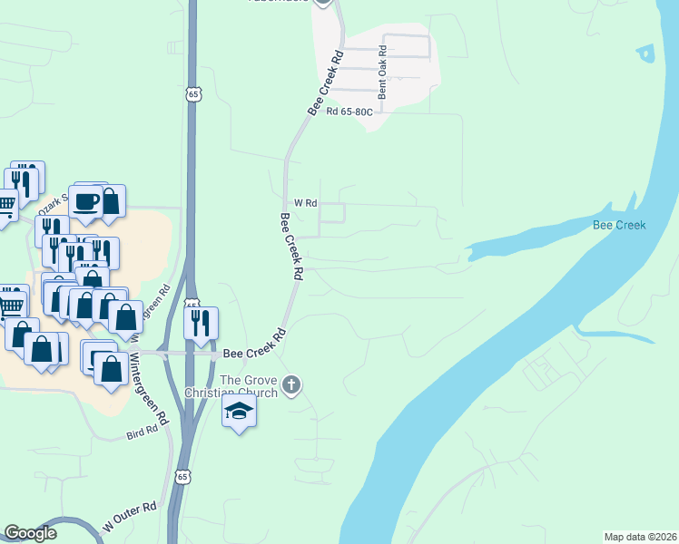 map of restaurants, bars, coffee shops, grocery stores, and more near 181 Cozy Lane in Branson