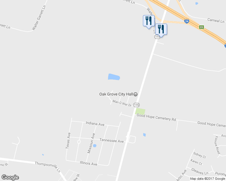 map of restaurants, bars, coffee shops, grocery stores, and more near 8629 Kingman Court in Oak Grove