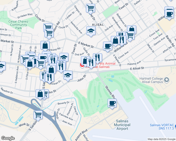 map of restaurants, bars, coffee shops, grocery stores, and more near 1250 East Alisal Street in Salinas
