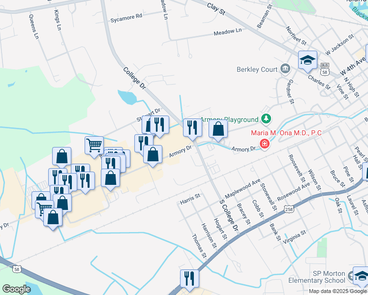 map of restaurants, bars, coffee shops, grocery stores, and more near 1122 Armory Drive in Franklin