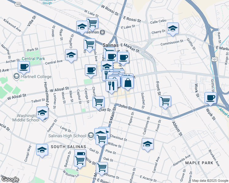 map of restaurants, bars, coffee shops, grocery stores, and more near 350 Main Street in Salinas