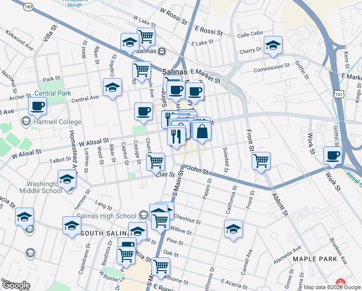 map of restaurants, bars, coffee shops, grocery stores, and more near 350 Main Street in Salinas