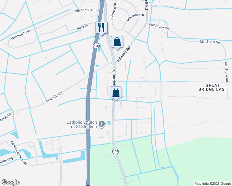 map of restaurants, bars, coffee shops, grocery stores, and more near 1449 South Battlefield Boulevard in Chesapeake