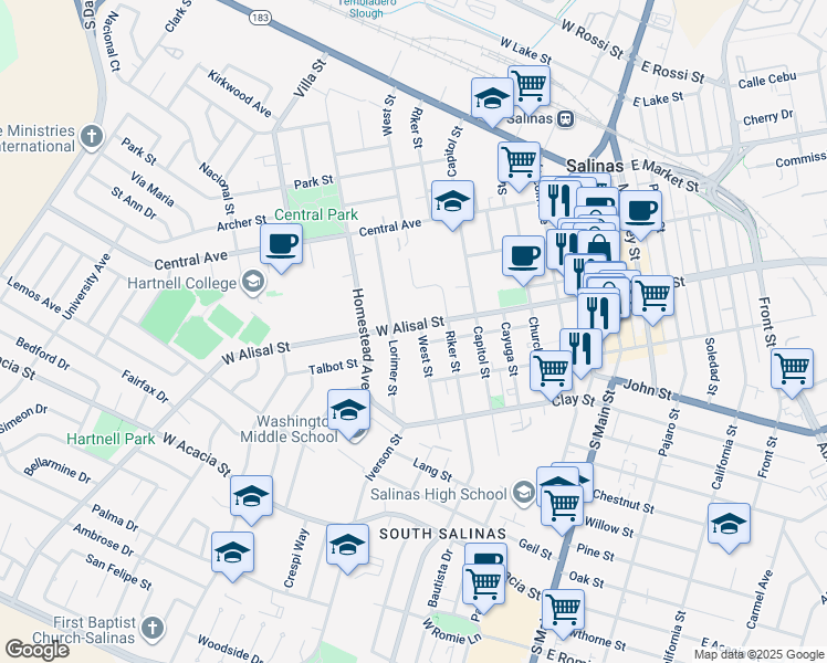 map of restaurants, bars, coffee shops, grocery stores, and more near 307 West Alisal Street in Salinas