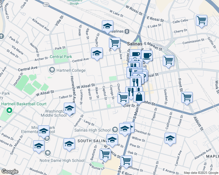 map of restaurants, bars, coffee shops, grocery stores, and more near 336 Cayuga Street in Salinas