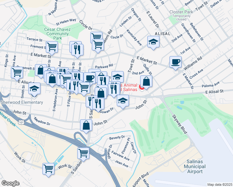 map of restaurants, bars, coffee shops, grocery stores, and more near 1155 East Alisal Street in Salinas