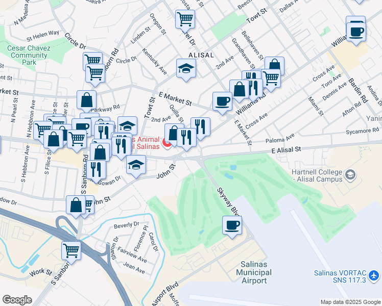 map of restaurants, bars, coffee shops, grocery stores, and more near 1327 East Alisal Street in Salinas