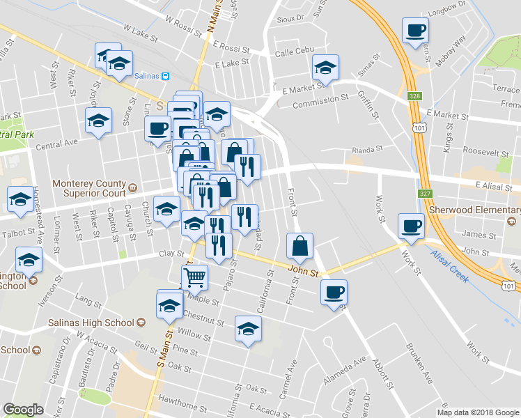 map of restaurants, bars, coffee shops, grocery stores, and more near 121 East San Luis Street in Salinas