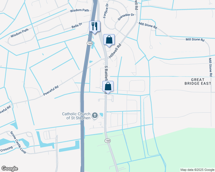 map of restaurants, bars, coffee shops, grocery stores, and more near 1457 South Battlefield Boulevard in Chesapeake