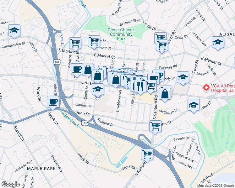 map of restaurants, bars, coffee shops, grocery stores, and more near 6 Prince Place in Salinas