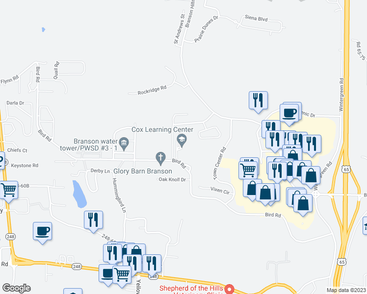 map of restaurants, bars, coffee shops, grocery stores, and more near 1192 Bird Road in Branson