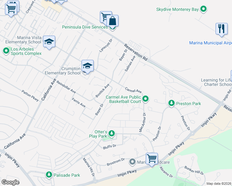 map of restaurants, bars, coffee shops, grocery stores, and more near 3085 Arroyo Drive in Marina