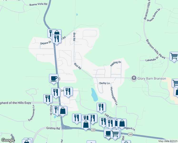 map of restaurants, bars, coffee shops, grocery stores, and more near 1722 Bird Road in Branson