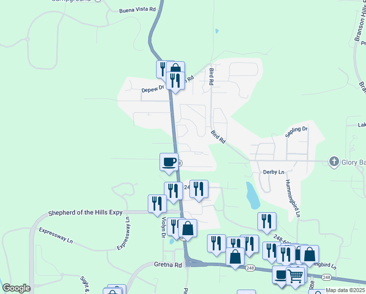 map of restaurants, bars, coffee shops, grocery stores, and more near 2550 Missouri 248 in Branson
