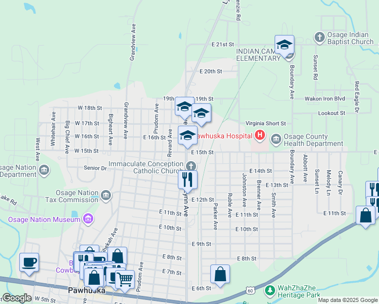 map of restaurants, bars, coffee shops, grocery stores, and more near 621 East 15th Street in Pawhuska