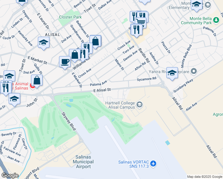 map of restaurants, bars, coffee shops, grocery stores, and more near 1636 East Alisal Street in Salinas