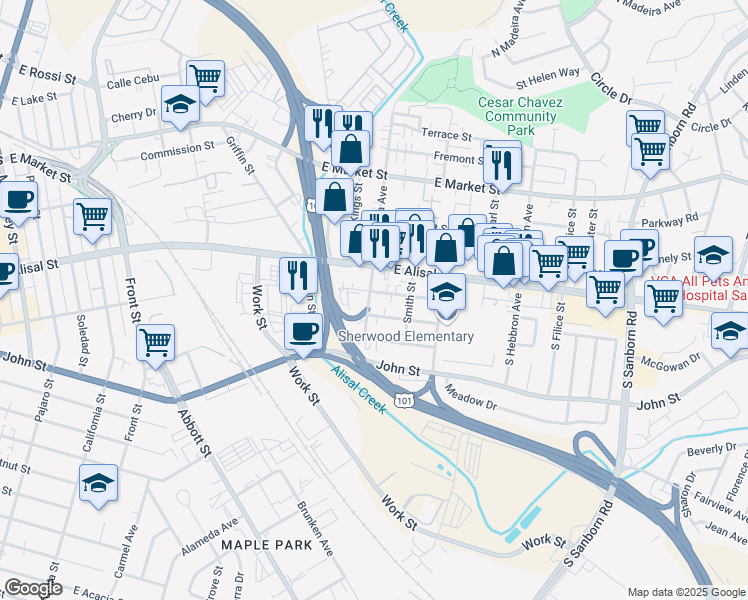 map of restaurants, bars, coffee shops, grocery stores, and more near 504 East Alisal Street in Salinas