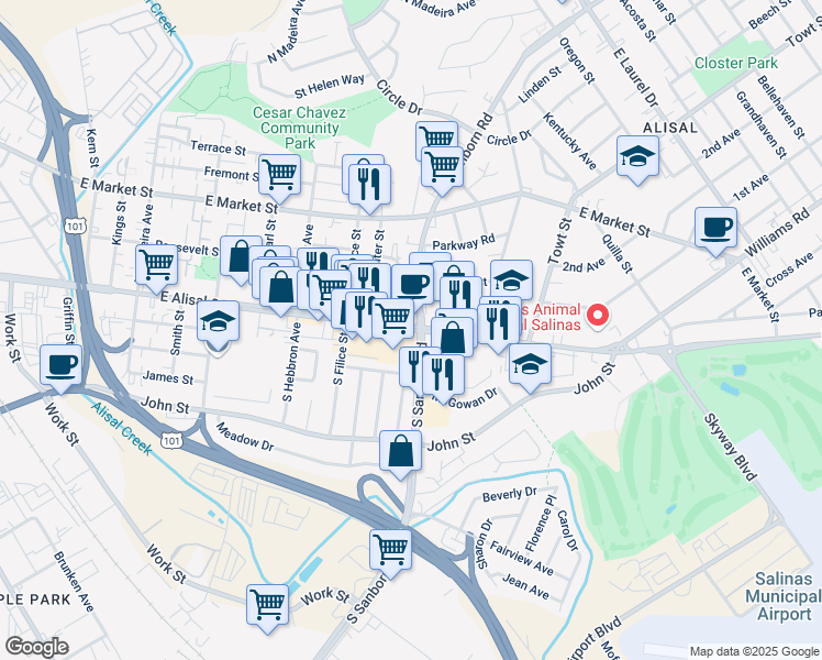 map of restaurants, bars, coffee shops, grocery stores, and more near 976 East Alisal Street in Salinas