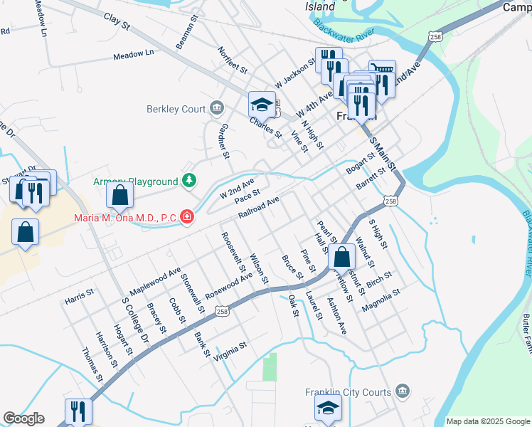 map of restaurants, bars, coffee shops, grocery stores, and more near 212 Bruce Street in Franklin