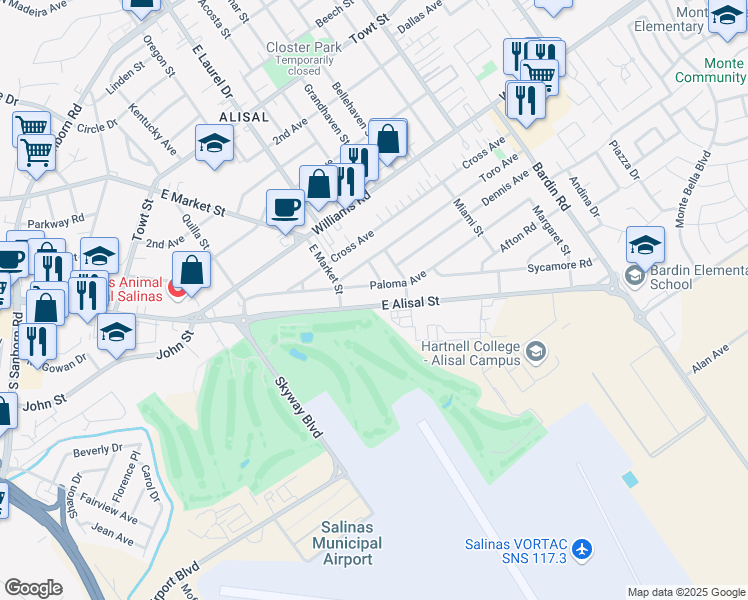 map of restaurants, bars, coffee shops, grocery stores, and more near 1531 East Alisal Street in Salinas