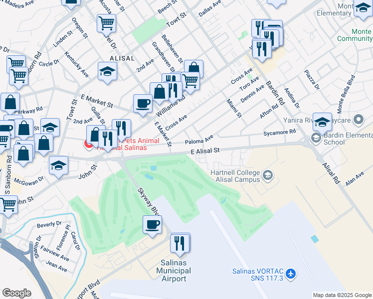map of restaurants, bars, coffee shops, grocery stores, and more near 1531 East Alisal Street in Salinas
