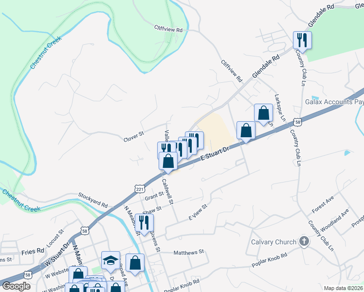map of restaurants, bars, coffee shops, grocery stores, and more near 600 Glendale Road in Galax