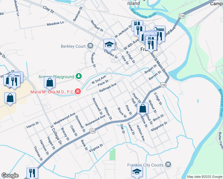 map of restaurants, bars, coffee shops, grocery stores, and more near 212 Bruce Street in Franklin