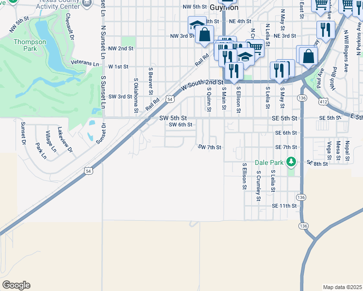map of restaurants, bars, coffee shops, grocery stores, and more near 318 Southwest 7th Street in Guymon