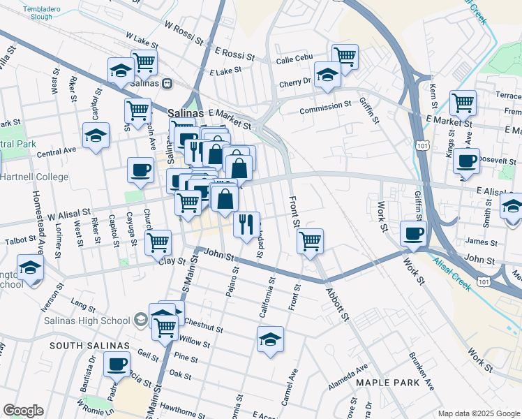 map of restaurants, bars, coffee shops, grocery stores, and more near 318 Soledad Street in Salinas