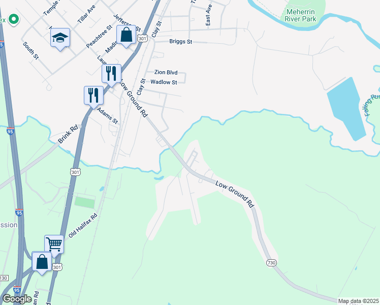 map of restaurants, bars, coffee shops, grocery stores, and more near 32 Shearin Street in Emporia