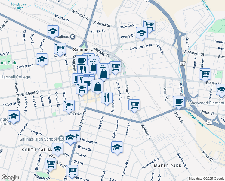 map of restaurants, bars, coffee shops, grocery stores, and more near 335 Soledad Street in Salinas