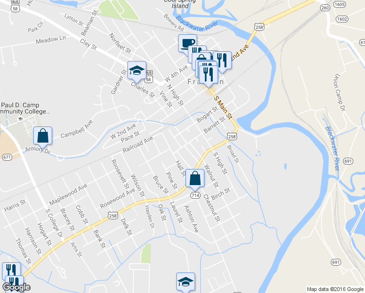 map of restaurants, bars, coffee shops, grocery stores, and more near 408 Barrett Street in Franklin
