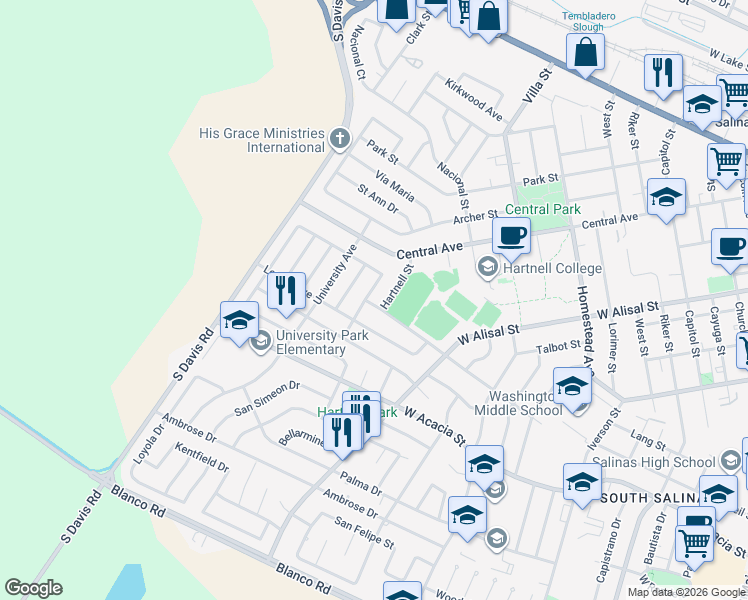 map of restaurants, bars, coffee shops, grocery stores, and more near 644 Campus Avenue in Salinas