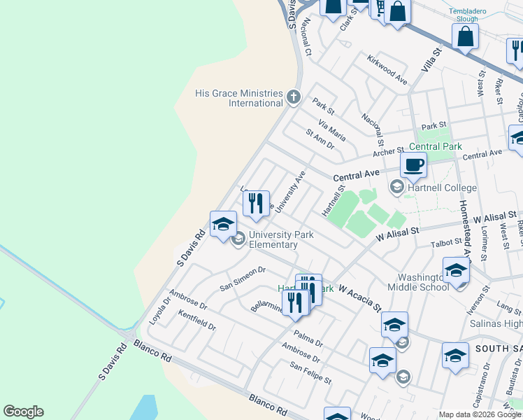 map of restaurants, bars, coffee shops, grocery stores, and more near 823 Lemos Avenue in Salinas