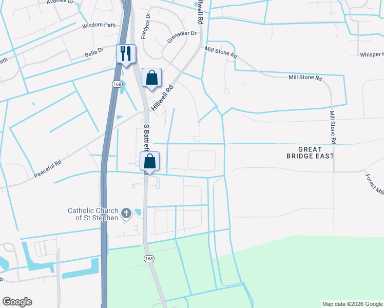 map of restaurants, bars, coffee shops, grocery stores, and more near 1398 Darby Run Drive in Chesapeake