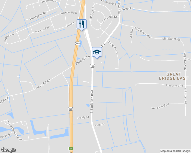 map of restaurants, bars, coffee shops, grocery stores, and more near 1437 South Battlefield Boulevard in Chesapeake