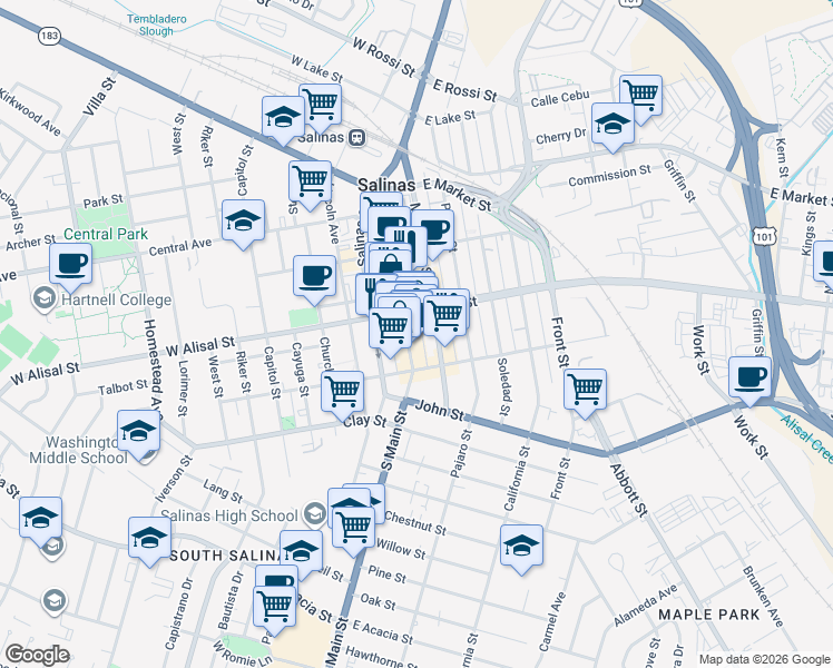 map of restaurants, bars, coffee shops, grocery stores, and more near 307 Main Street in Salinas