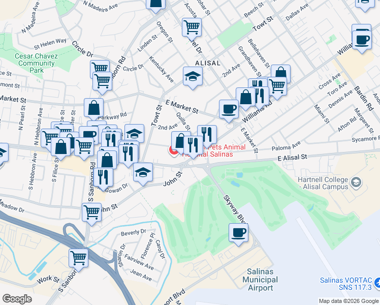 map of restaurants, bars, coffee shops, grocery stores, and more near 17 Williams Road in Salinas