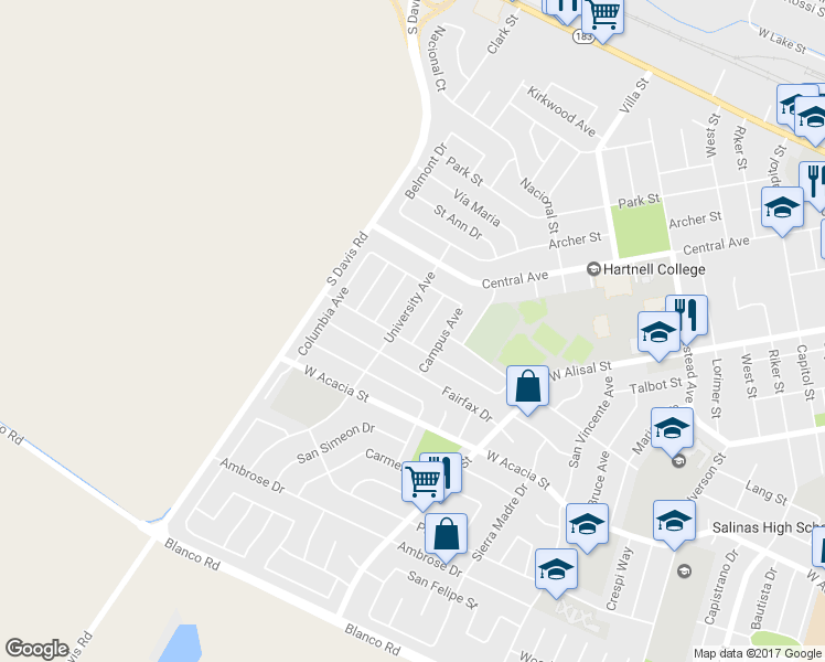 map of restaurants, bars, coffee shops, grocery stores, and more near 710 Stanford Avenue in Salinas