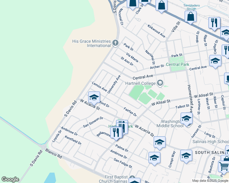 map of restaurants, bars, coffee shops, grocery stores, and more near 710 Stanford Avenue in Salinas