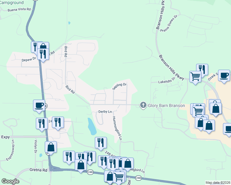 map of restaurants, bars, coffee shops, grocery stores, and more near 151 Sapling Drive in Branson