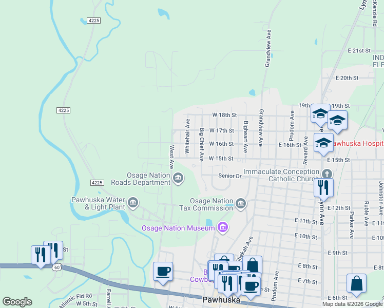 map of restaurants, bars, coffee shops, grocery stores, and more near 1517 Bigchief Avenue in Pawhuska