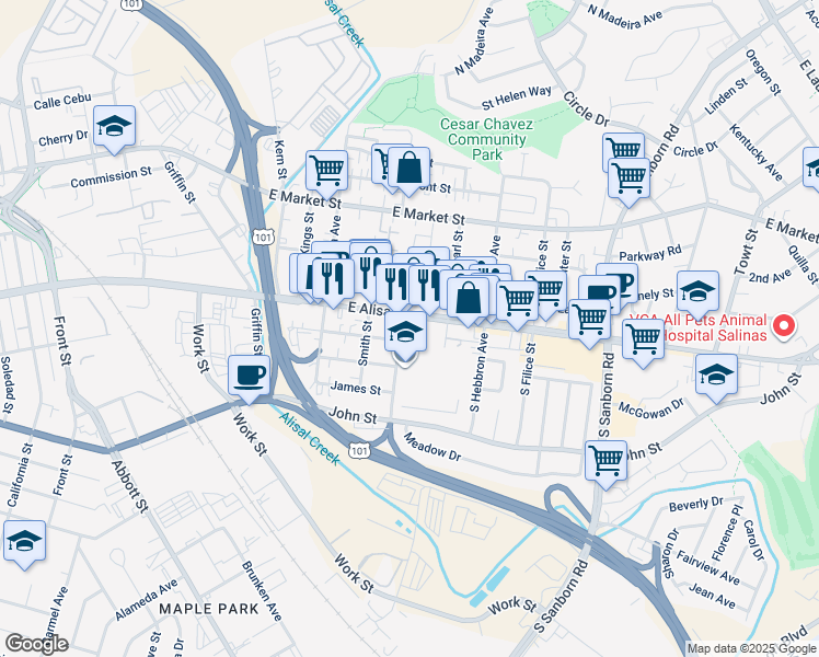 map of restaurants, bars, coffee shops, grocery stores, and more near 606 East Alisal Street in Salinas