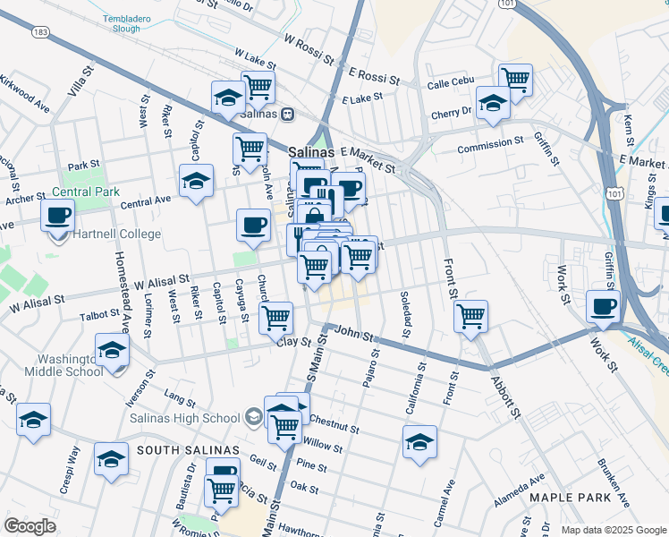map of restaurants, bars, coffee shops, grocery stores, and more near 307 Main Street in Salinas