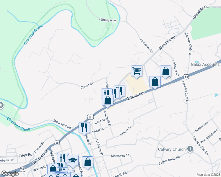 map of restaurants, bars, coffee shops, grocery stores, and more near 600 Glendale Road in Galax