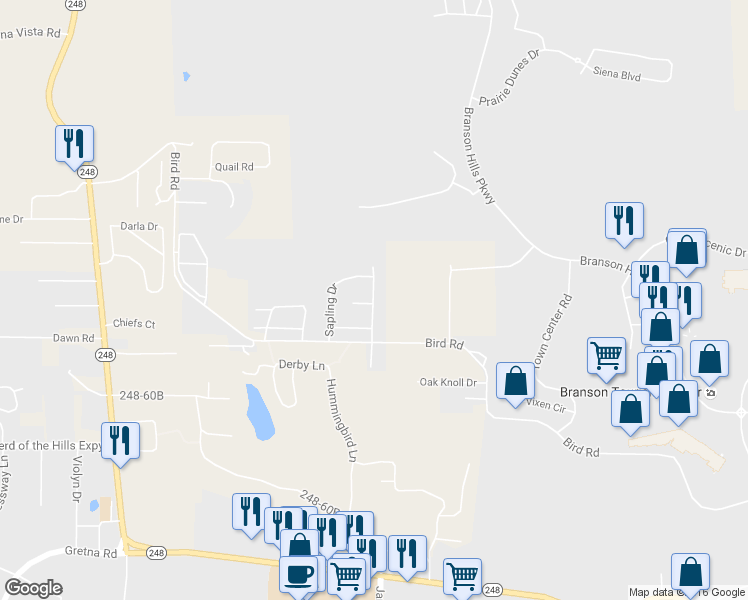 map of restaurants, bars, coffee shops, grocery stores, and more near 114 Sapling Drive in Branson