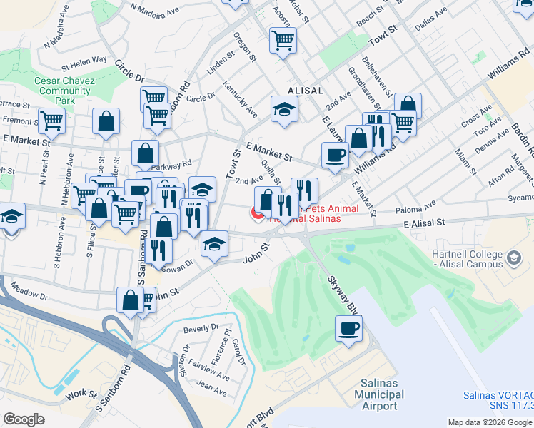 map of restaurants, bars, coffee shops, grocery stores, and more near 1266 1st Avenue in Salinas